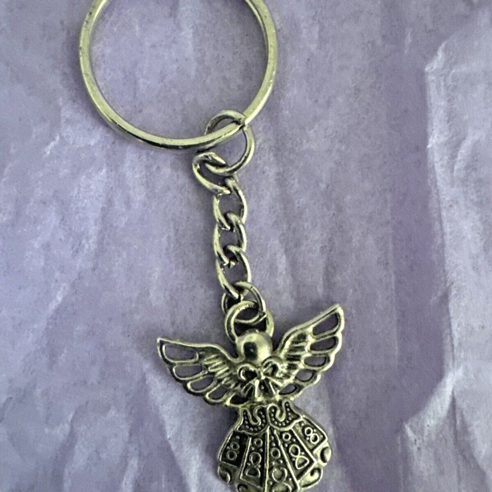 Angel with Wings Vintage Bow and Dress Silver Charm Pendant Keychain Key Chain